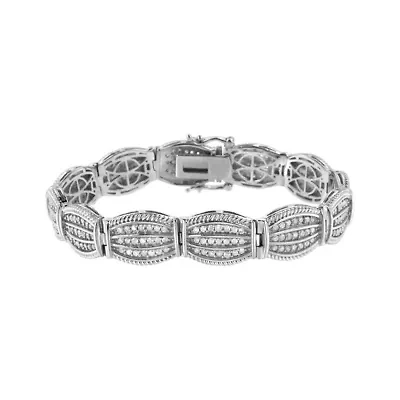 .925 Sterling Silver 3 cttw Diamond Art-Deco Style Link Bracelet - Size 7.25"