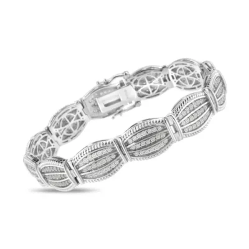 .925 Sterling Silver 3 cttw Diamond Art-Deco Style Link Bracelet - Size 7.25"
