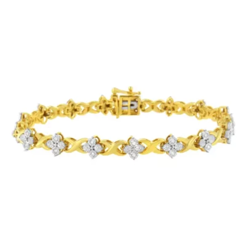 10K Yellow Gold Plated Silver 1/4 cttw Diamond 4 Leaf Clover Link Tennis Bracelet