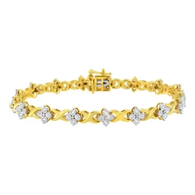 10K Yellow Gold Plated Silver 1/4 cttw Diamond 4 Leaf Clover Link Tennis Bracelet