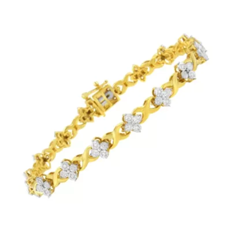 10K Yellow Gold Plated Silver 1/4 cttw Diamond 4 Leaf Clover Link Tennis Bracelet