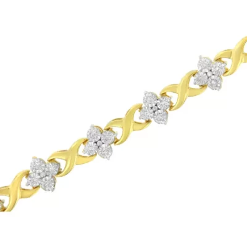 10K Yellow Gold Plated Silver 1/4 cttw Diamond 4 Leaf Clover Link Tennis Bracelet