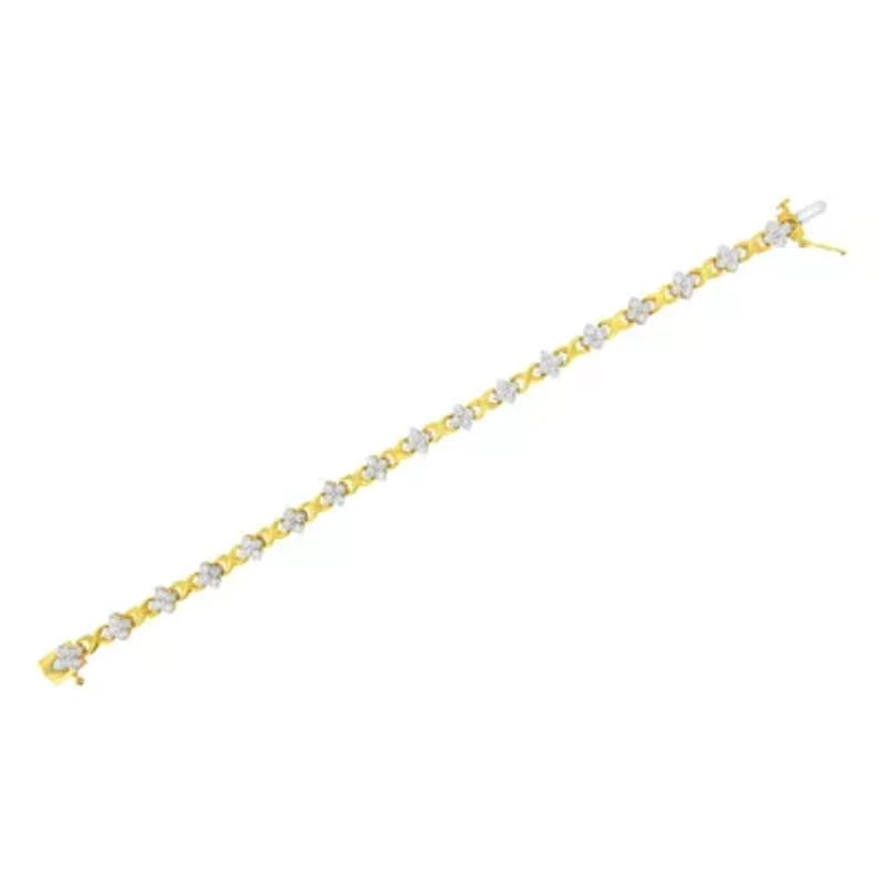 10K Yellow Gold Plated Silver 1/4 cttw Diamond 4 Leaf Clover Link Tennis Bracelet