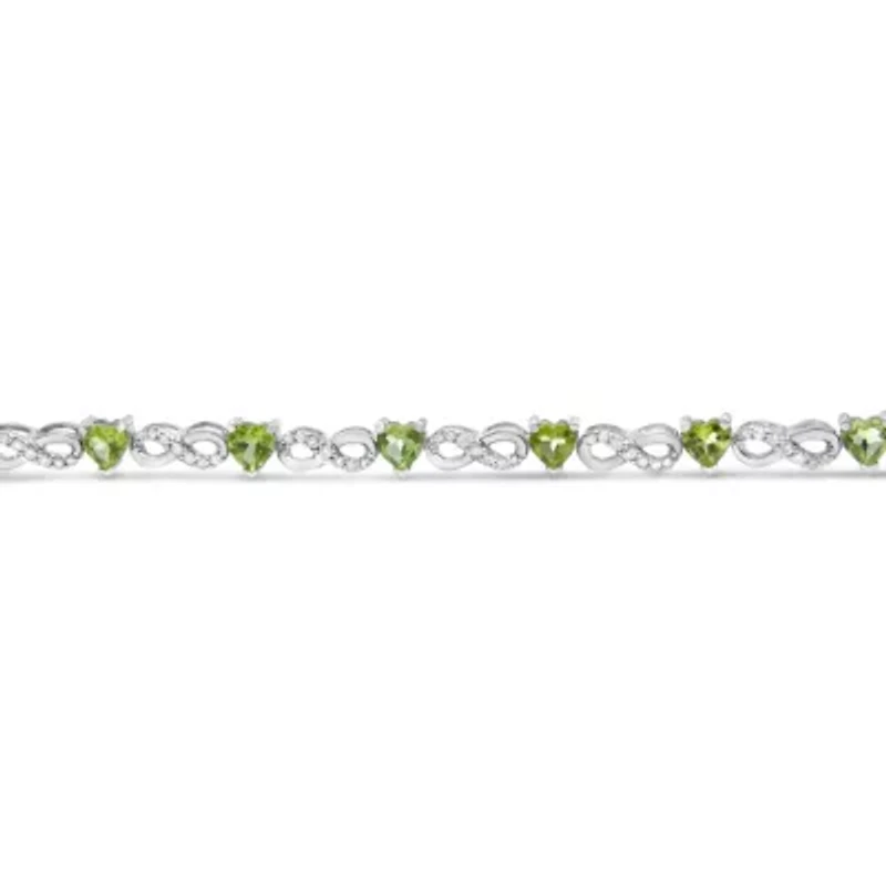 Silver 1.00 Ctw Diamond and Created Green Heart Peridot Infinity Link Bracelet