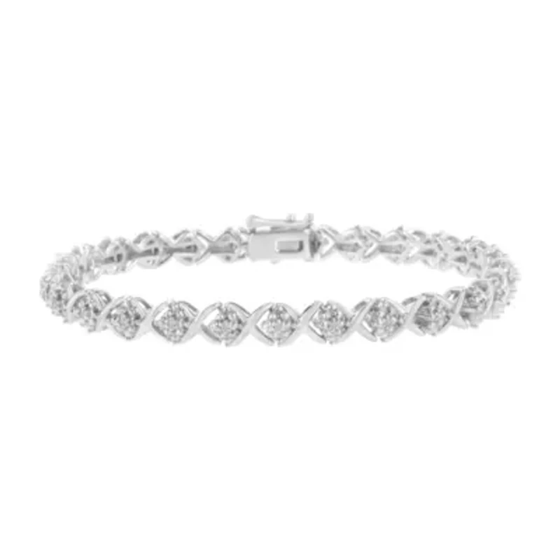Silver Round-Cut Diamond Accent Floral Cluster and "X" Link Bracelet - 7.25"