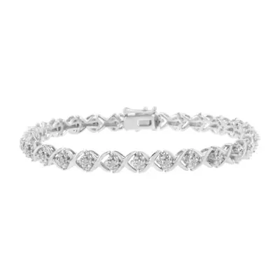 Silver Round-Cut Diamond Accent Floral Cluster and "X" Link Bracelet - 7.25"