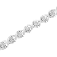Silver Round-Cut Diamond Accent Floral Cluster and "X" Link Bracelet - 7.25"