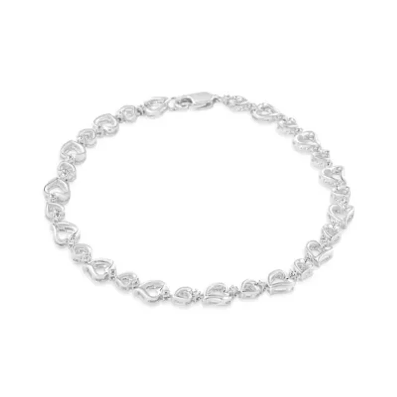 Silver Prong Set Diamond Accent Alternating Heart Link Bracelet - 7.25" Inches