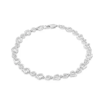 Silver Prong Set Diamond Accent Alternating Heart Link Bracelet - 7.25" Inches