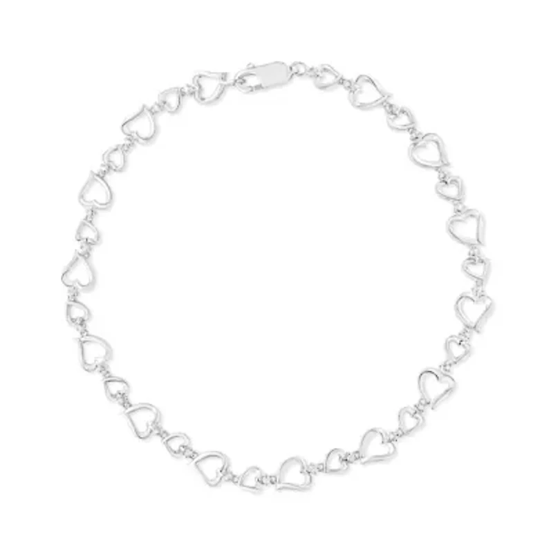 Silver Prong Set Diamond Accent Alternating Heart Link Bracelet - 7.25" Inches