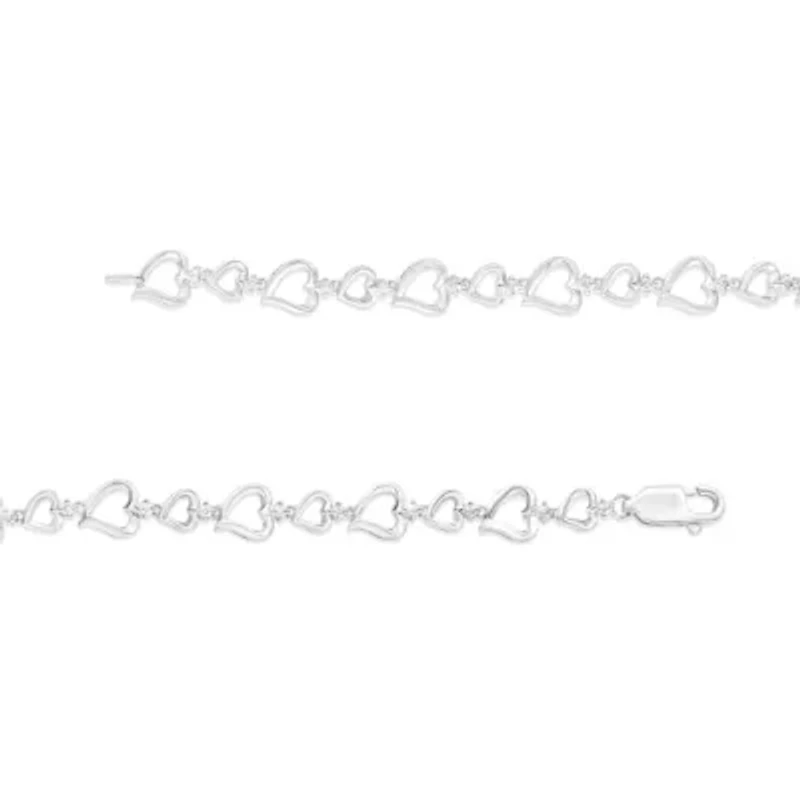 Silver Prong Set Diamond Accent Alternating Heart Link Bracelet - 7.25" Inches