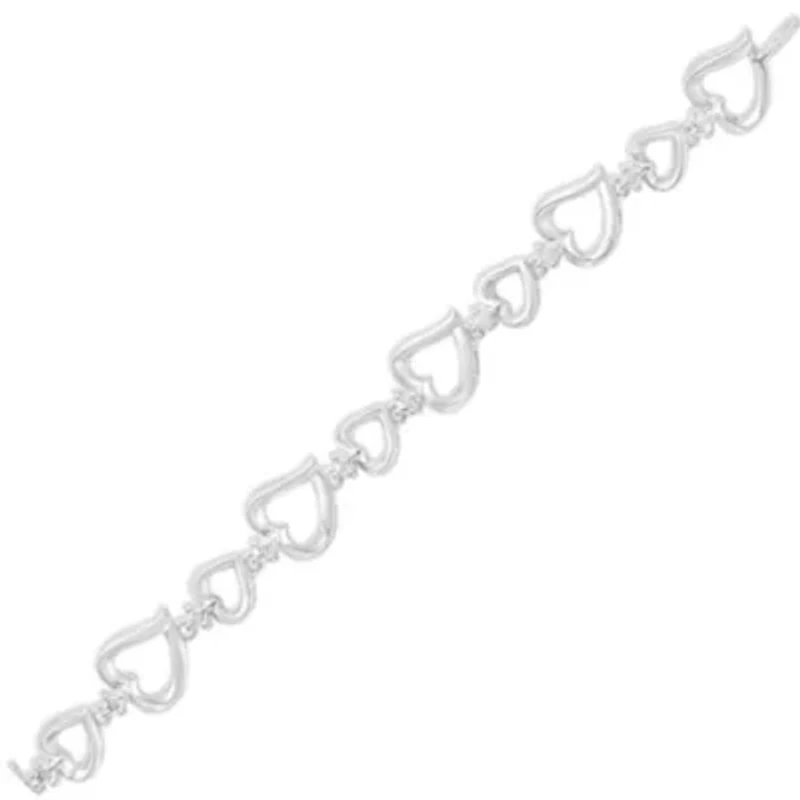 Silver Prong Set Diamond Accent Alternating Heart Link Bracelet - 7.25" Inches