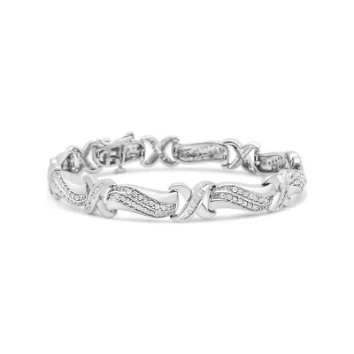 .925 Sterling Silver 1 3/4 Cttw Diamond Wave and X Link Tennis Bracelet - 7"