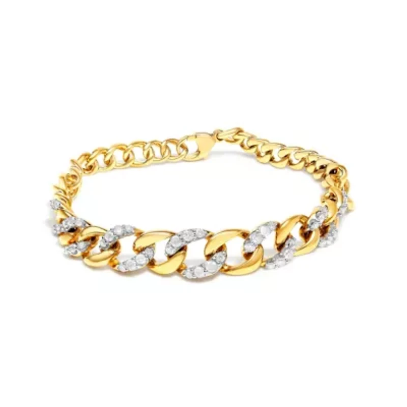 14K Yellow Gold Plated Silver 1 1/4 Cttw Diamond Cuban Chain Link Bracelet- 7.25"