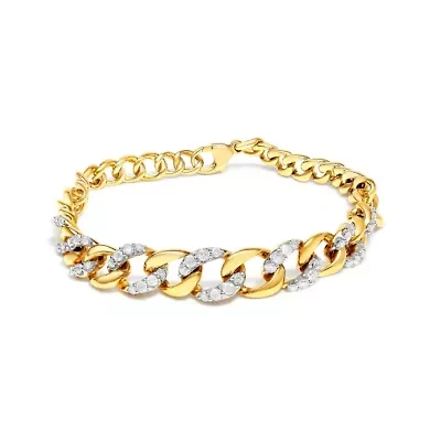 14K Yellow Gold Plated Silver 1 1/4 Cttw Diamond Cuban Chain Link Bracelet- 7.25"