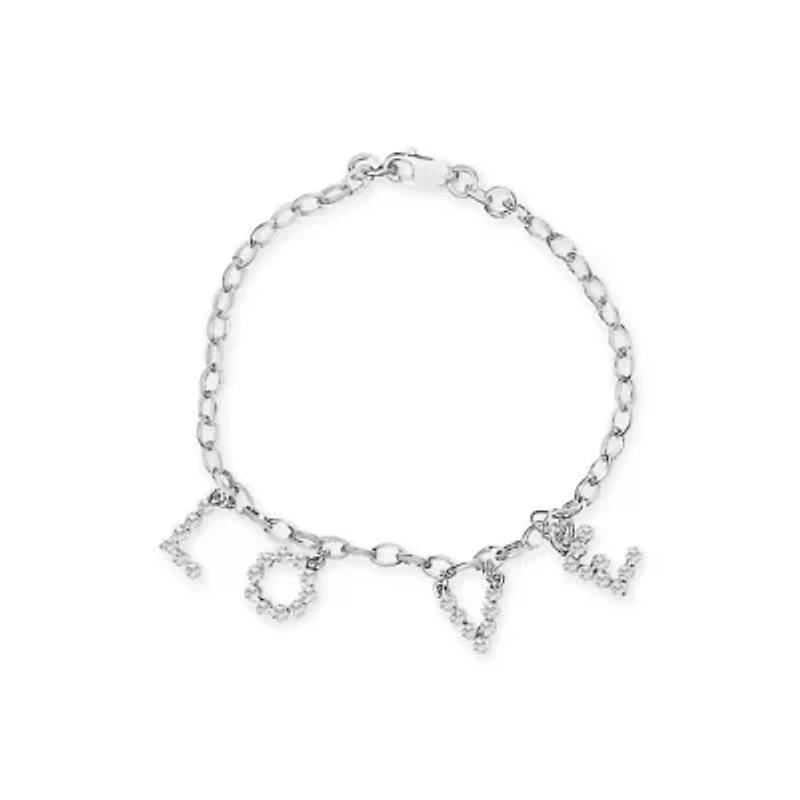 10k White Gold 1/6 Cttw Diamond "Love" Charm Cable Chain Bracelet