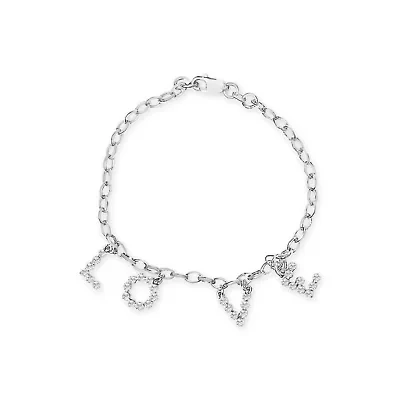 10k White Gold 1/6 Cttw Diamond "Love" Charm Cable Chain Bracelet