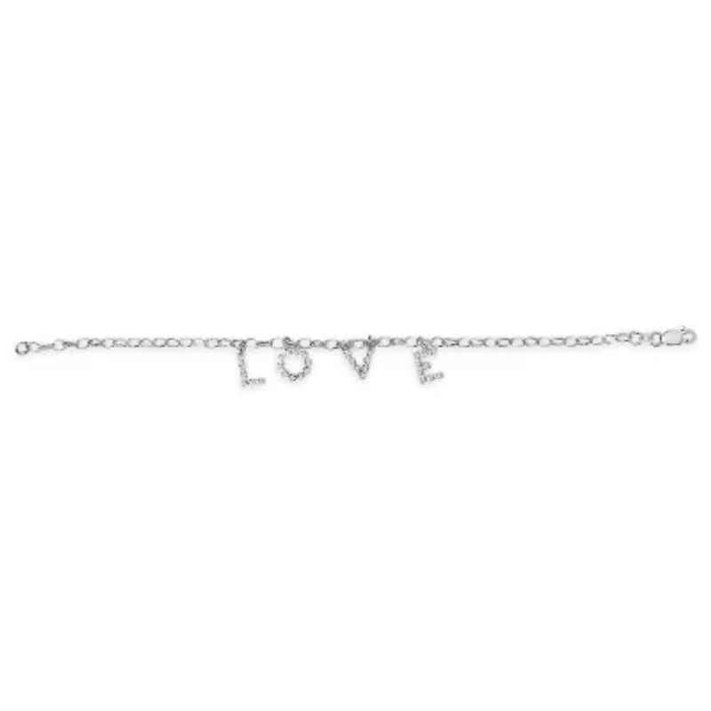 10k White Gold 1/6 Cttw Diamond "Love" Charm Cable Chain Bracelet
