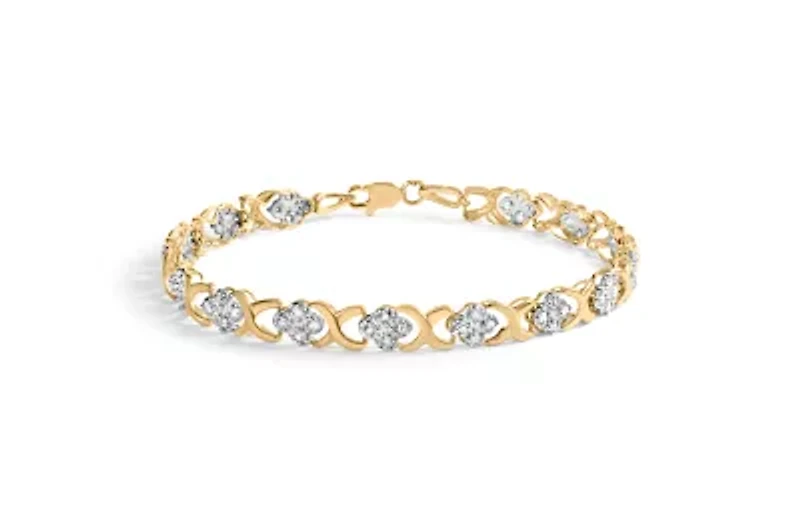 10K Yellow Gold 1.00 Cttw Diamond 5 Stone Cluster and "X" Link Bracelet