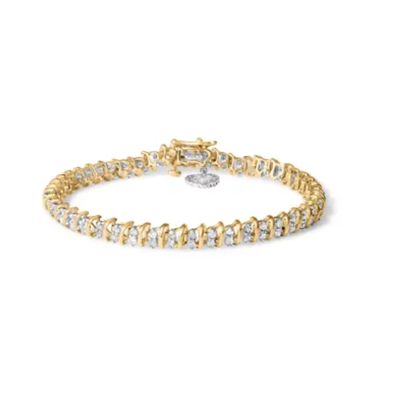 10K Yellow Gold 2.0 Cttw Diamond 2 Row Link and Heart Link Bracelet
