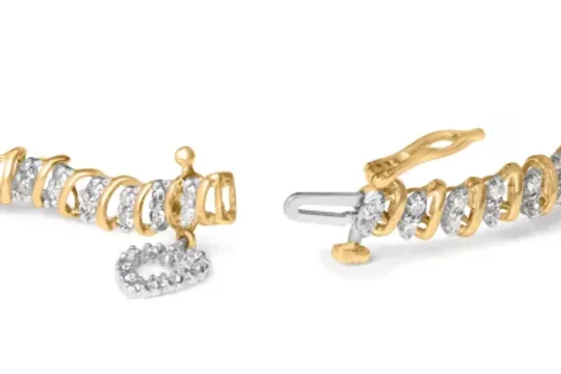 10K Yellow Gold 2.0 Cttw Diamond 2 Row Link and Heart Link Bracelet