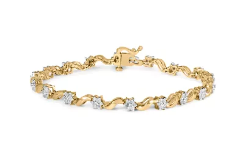 10k Yellow Gold 1.00 Cttw Diamond Floral S-Link Bracelet