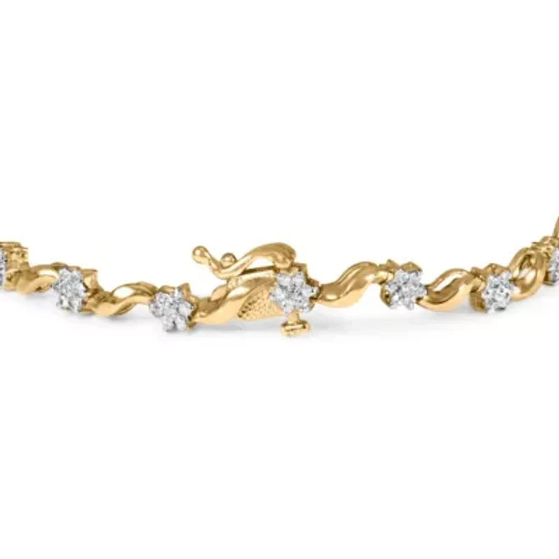 10k Yellow Gold 1.00 Cttw Diamond Floral S-Link Bracelet