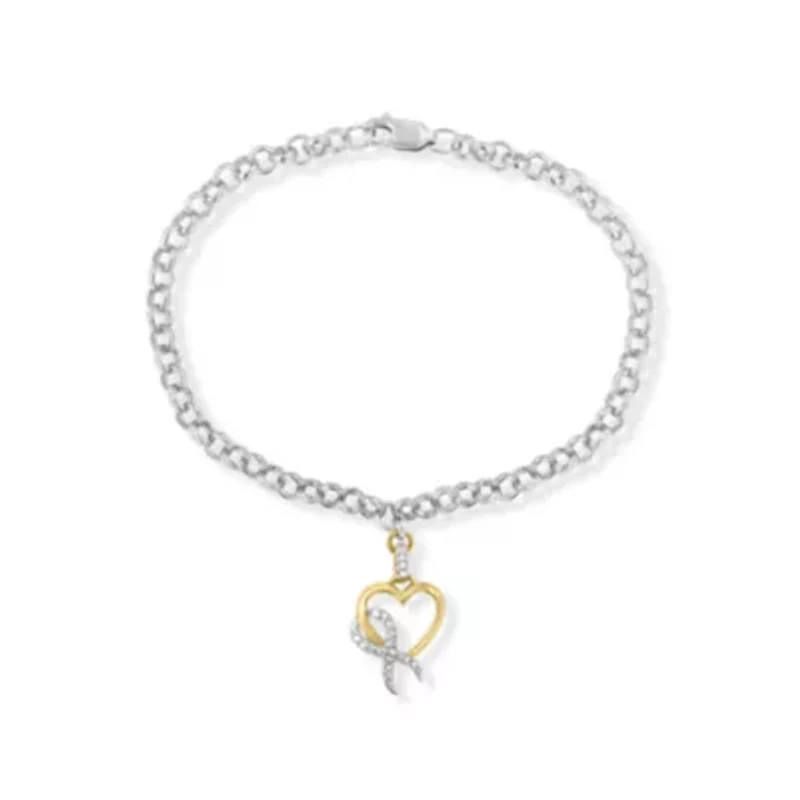10K Yellow Gold 1/10 Cttw Diamond Awareness Ribbon & Heart Charm on