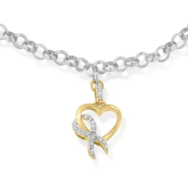 10K Yellow Gold 1/10 Cttw Diamond Awareness Ribbon & Heart Charm on
