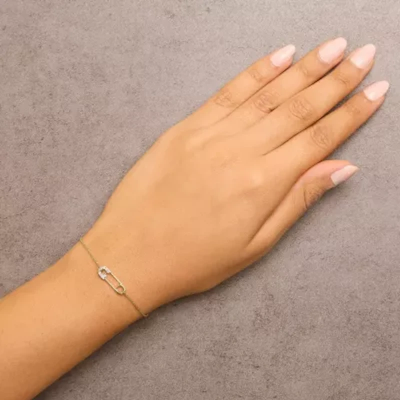 10K Yellow Gold 1/10 Cttw Diamond Paperclip Charm Adjustable Link Bracelet