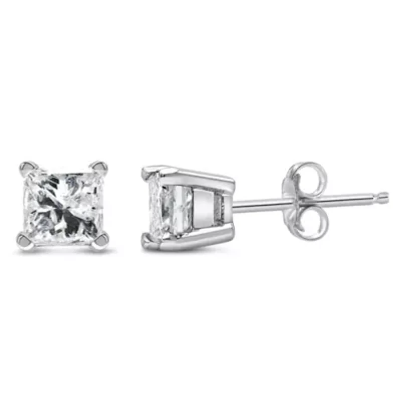 Silver 1/4 Cttw Princess-Cut Diamond Solitaire Stud Earrings