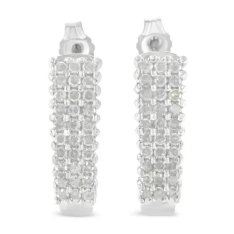 Sterling Silver Rose Diamond J Shape Hoop Earrings