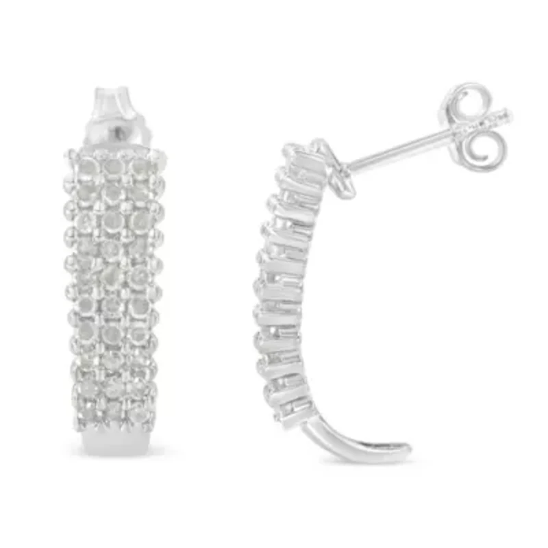 Sterling Silver Rose Diamond J Shape Hoop Earrings
