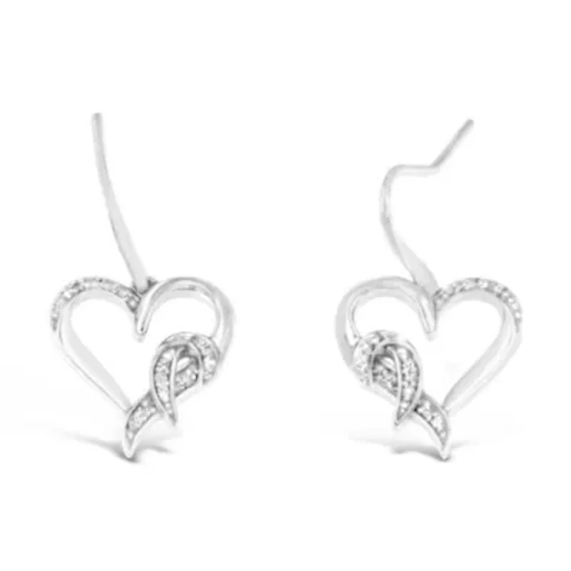 Sterling Silver Round Diamond Heart Dangle Earrings