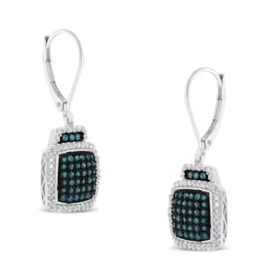 Black Rhodium over Silver 3/4 Ct Blue and White Diamond Dangle Earrings