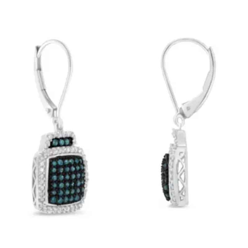 Black Rhodium over Silver 3/4 Ct Blue and White Diamond Dangle Earrings