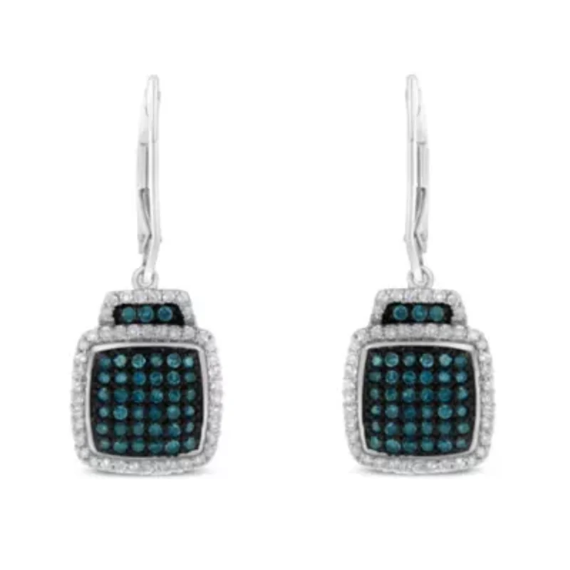 Black Rhodium over Silver 3/4 Ct Blue and White Diamond Dangle Earrings