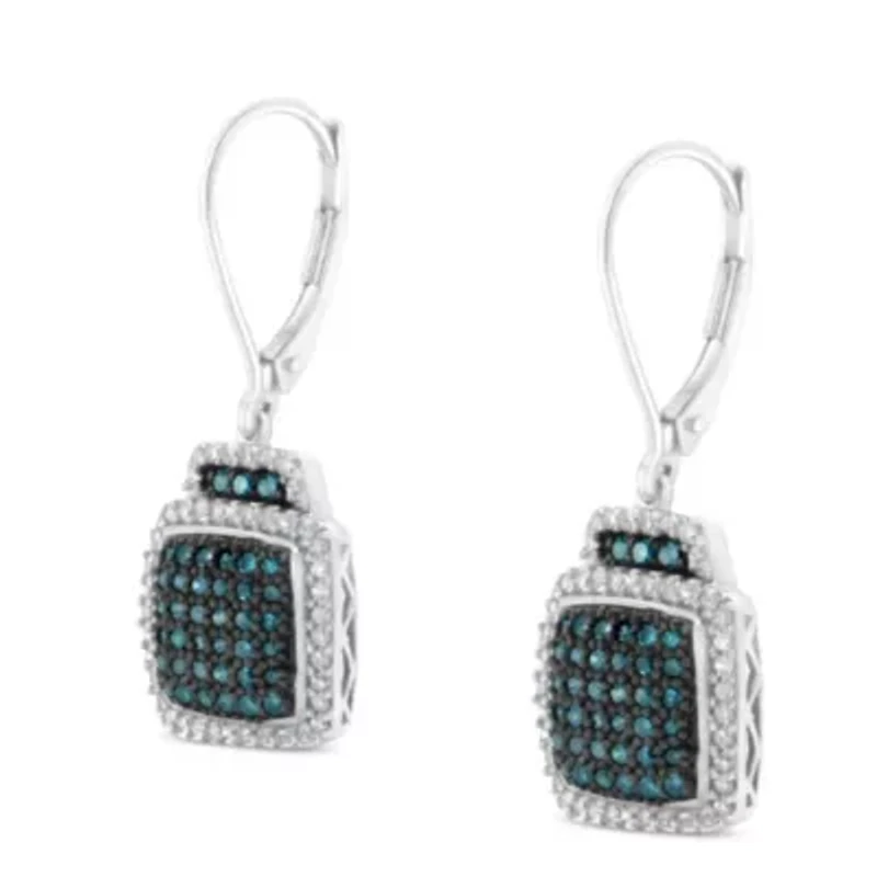Black Rhodium over Silver 3/4 Ct Blue and White Diamond Dangle Earrings