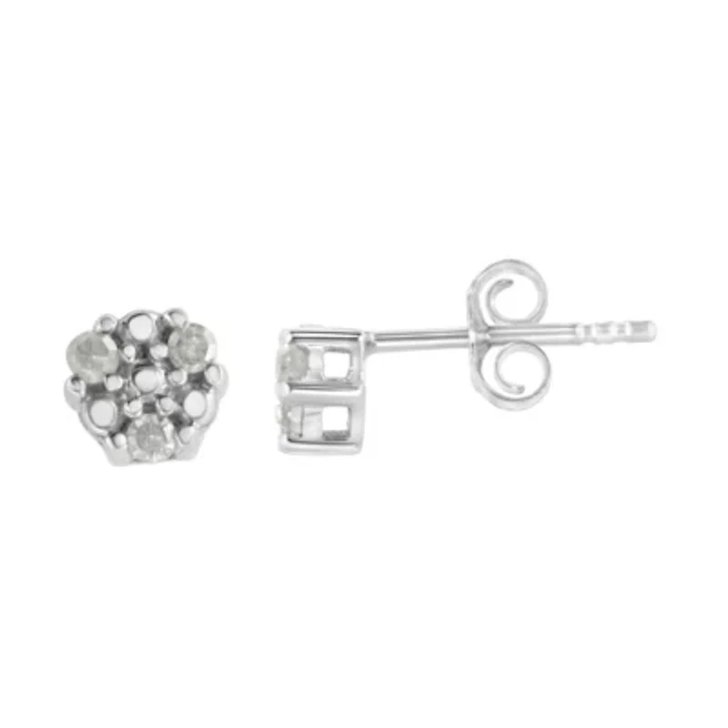 Silver 1/10 Ct Prong RoundTrio Diamond Stud Earrings