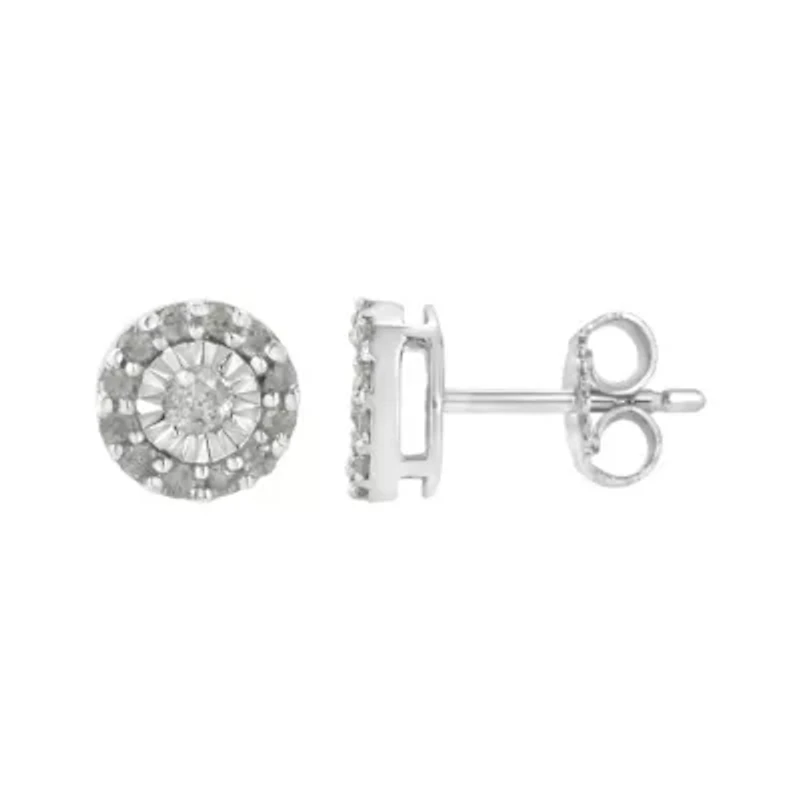Silver 1/2 Ct Miracle- Round Diamond Halo Stud Earrings