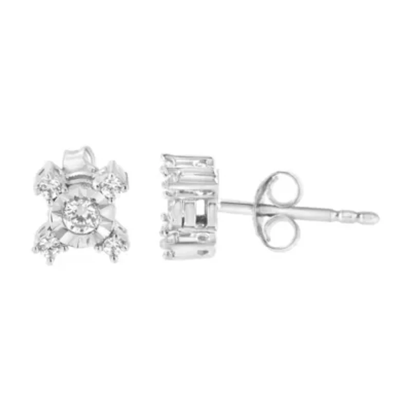 Silver 1/4 Ct Miracle Plate Round and Princess "X" Shaped Stud Earrings