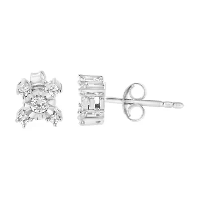 Silver 1/4 Ct Miracle Plate Round and Princess "X" Shaped Stud Earrings