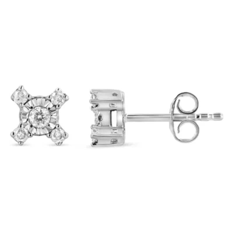 Silver 1/4 Ct Miracle Plate Round and Princess "X" Shaped Stud Earrings