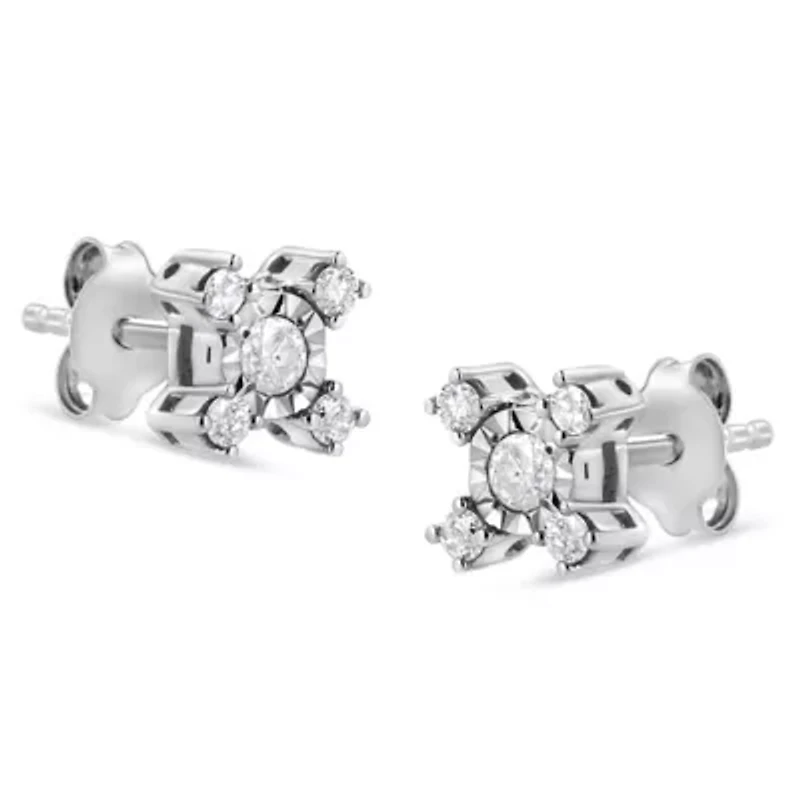Silver 1/4 Ct Miracle Plate Round and Princess "X" Shaped Stud Earrings