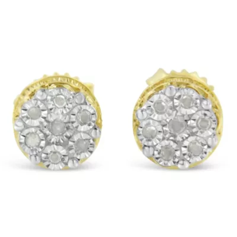 10K Yellow Gold over Silver 1/7 Ctw Diamond Floral Cluster Stud Earrings