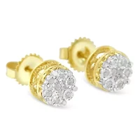 10K Yellow Gold over Silver 1/7 Ctw Diamond Floral Cluster Stud Earrings