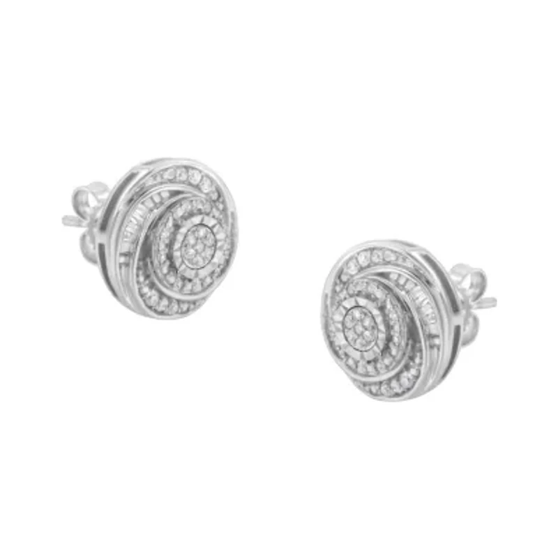 Silver 1/4 Ct Baguette and Round Diamond Swirl Love Knot Stud Earrings