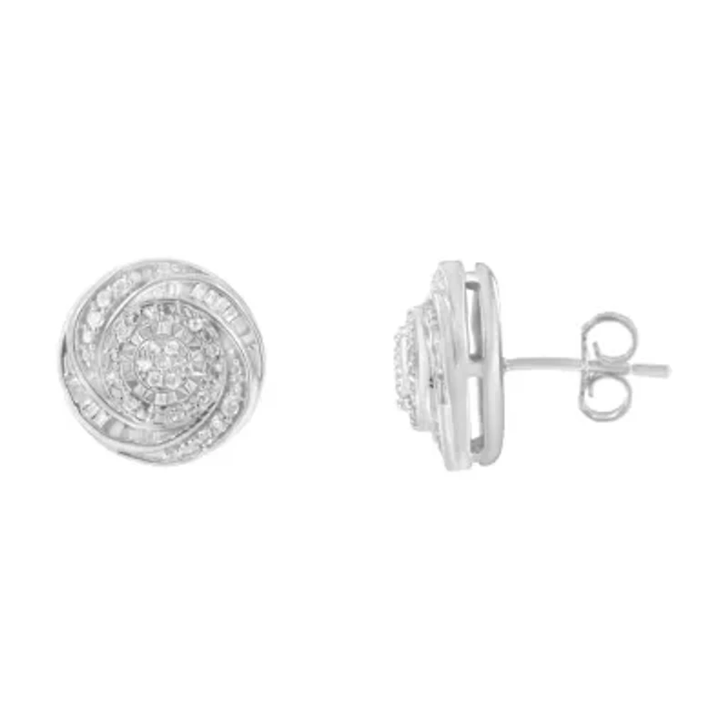 Silver 1/4 Ct Baguette and Round Diamond Swirl Love Knot Stud Earrings