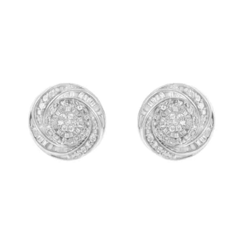 Silver 1/4 Ct Baguette and Round Diamond Swirl Love Knot Stud Earrings