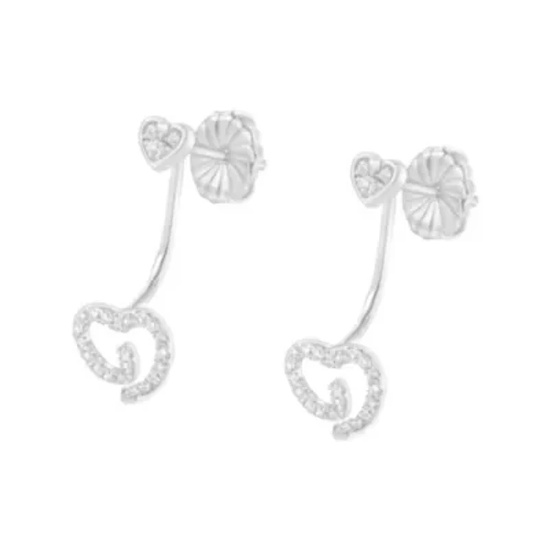 Silver 1/4 Ct Diamond Swirl Heart Front/Back Earrings